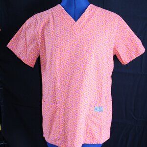 ScrubZone By Landau Women's 2-Pocket V-Neck Scrub Top Orange Pink Dots Size XSM